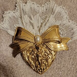 Vintage Gold Heart Brooch with Lace and Pearl Accent